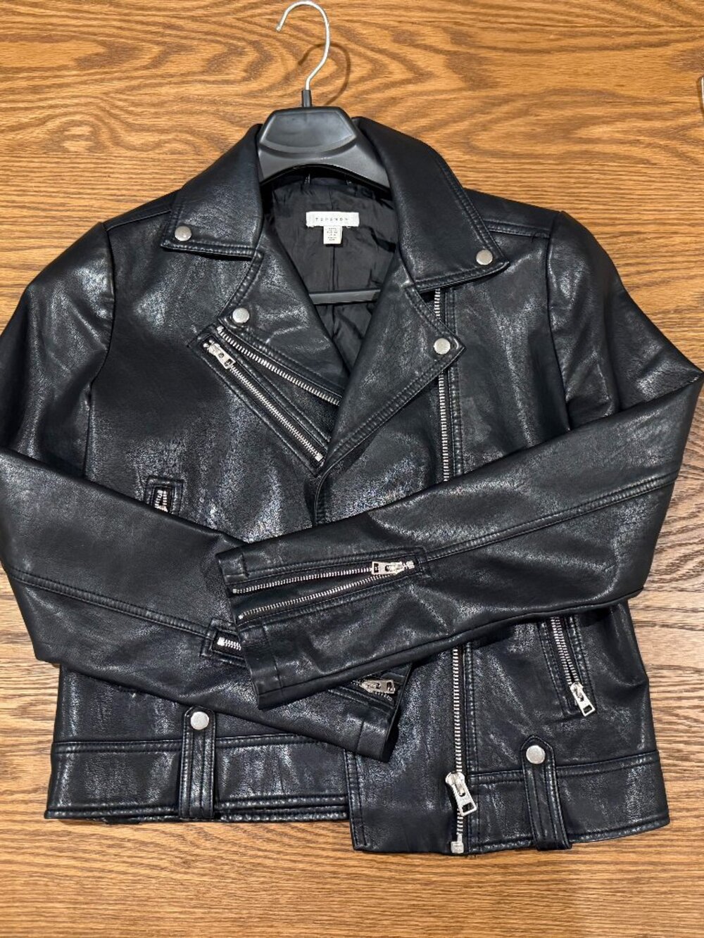 SIZE 8 TALL: Topshop faux leather black cropped moto jacket